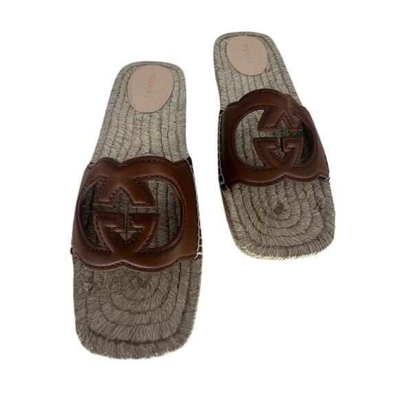 Gucci Carlos Interlocking GG Cut Out Slide Espadrille Sandals in Brown - Picture 10 of 16